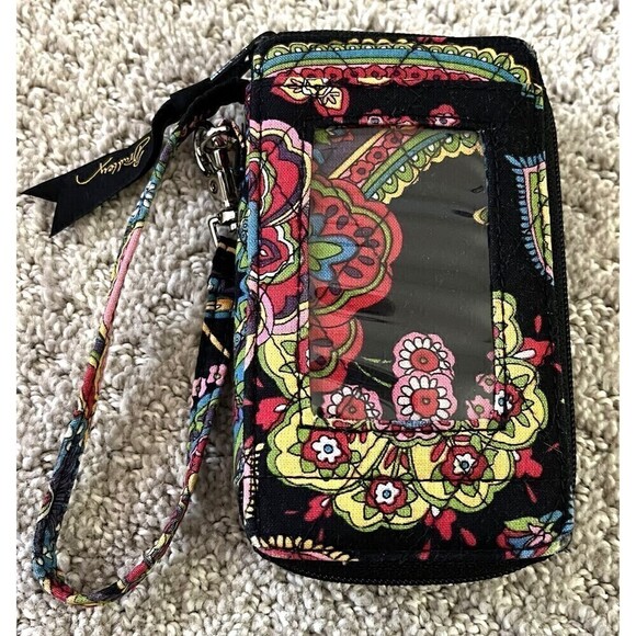 Vera Bradley Parisian Paisley Full Zip Wristlet Mini Wallet ID Holder Black Pink - Picture 1 of 8